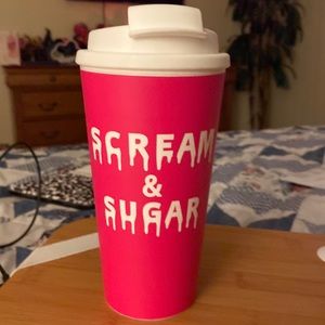 Scream & Sugar 18 fl oz pink & white travel coffee tumbler w/ screw on lid